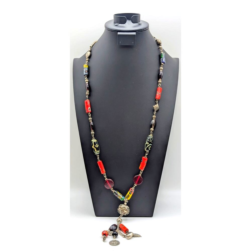 Antique/Vtg Murano Venetian Millefiori African Trade Beads Dangle 34" Necklace